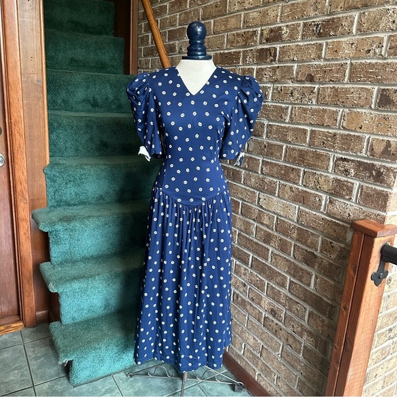 VTG 80s 90s Navy Blue Bow Embellished Puff Sleeve Coffee Bean Print Dress - Picture 4 of 5